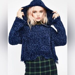 NWT Aqua Women’s Ribbed Knit Crop Hooded Sweater Fringe Hem in Navy Blue Sz XS
